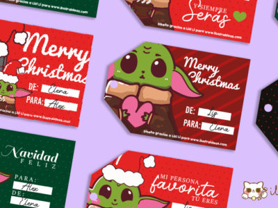 Etiquetas navideñas de Grogu de The Mandalorian gratis