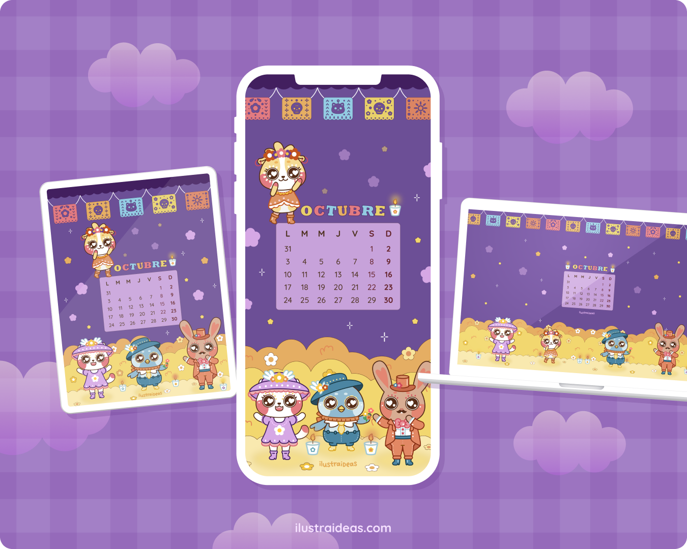 Calendario kawaii día de muertos