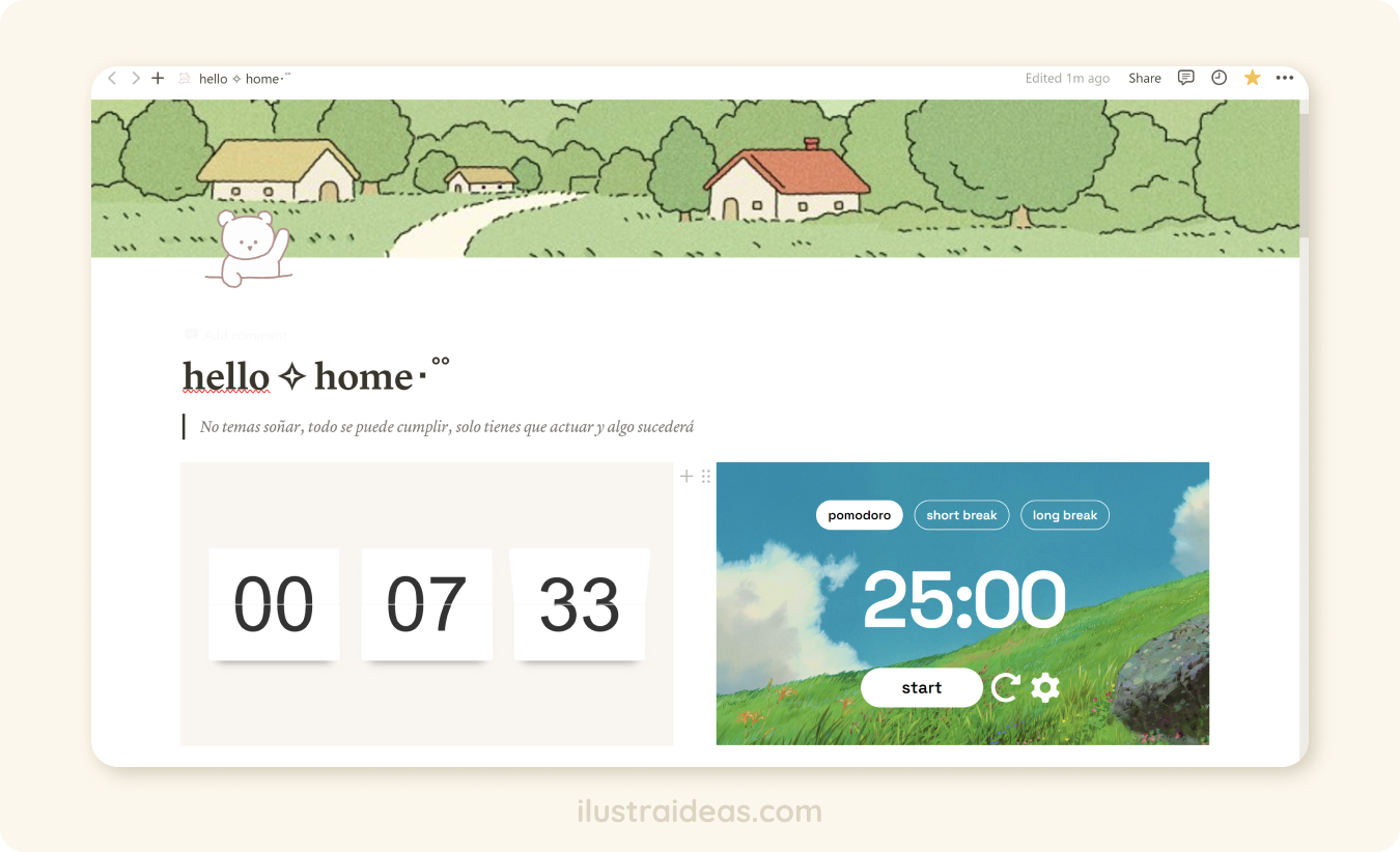 Plantilla de Notion en la que hay widget de reloj y de Pomodoro